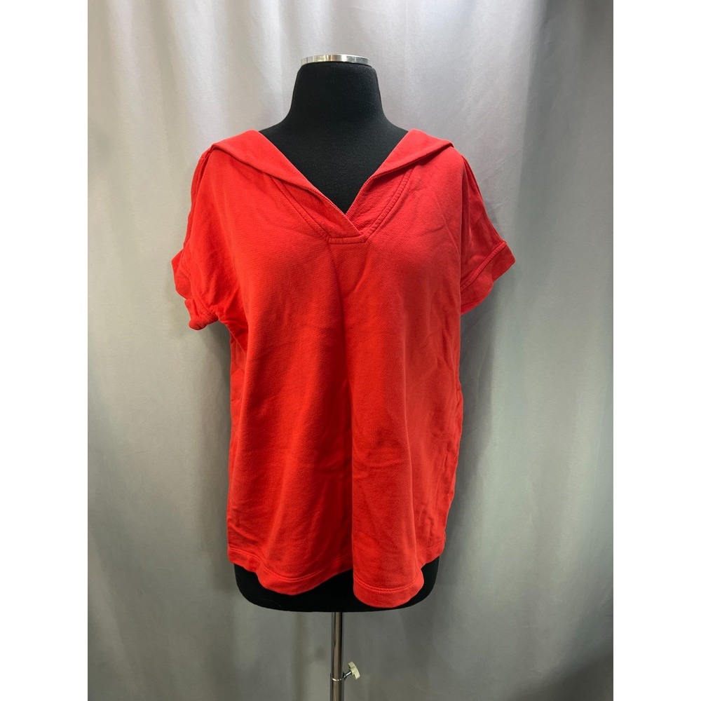 J. Jill Tunic Blouse Womens Medium Red Cotton Split Neck Short Sleeve Curved Hem
